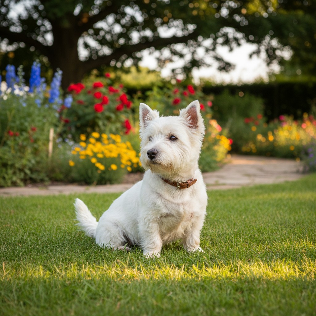 The image features a small West Highland white Terrier dog sitting in the grass, set against the backdrop of a vibrant gar...