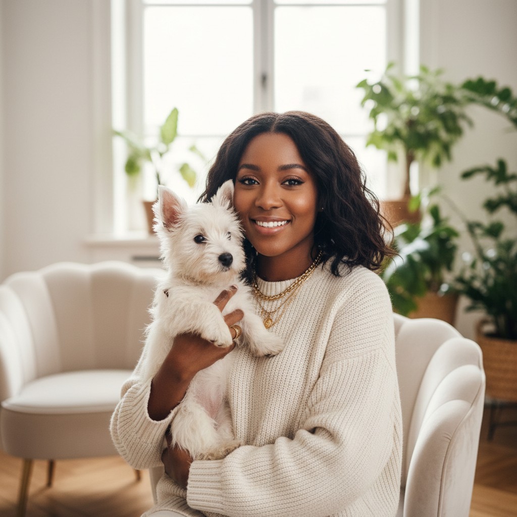 A woman with dark, wavy hair, wearing a white knit sweater and gold jewelry, happily cradling a small white dog with bushy...