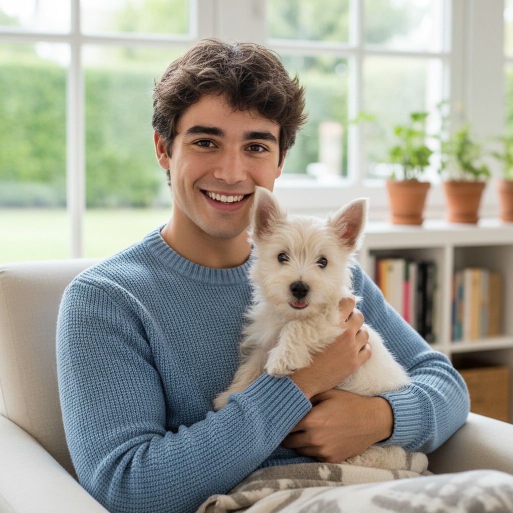 A young man in a blue sweater sitting on a couch, smiling while holding a small white dog.