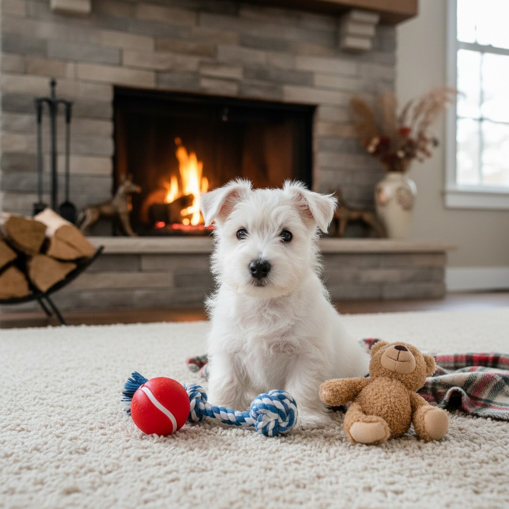 a white puppy plays with a ball and teddy bear toy on a carpeted floor in front of a fireplace.
