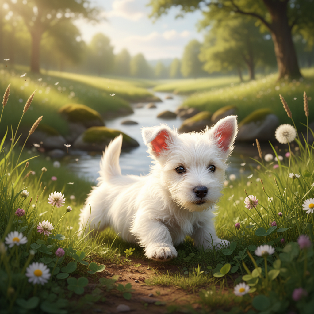A West Highland White Terrier (Westie) puppy, playful and adorable, in a natural setting.